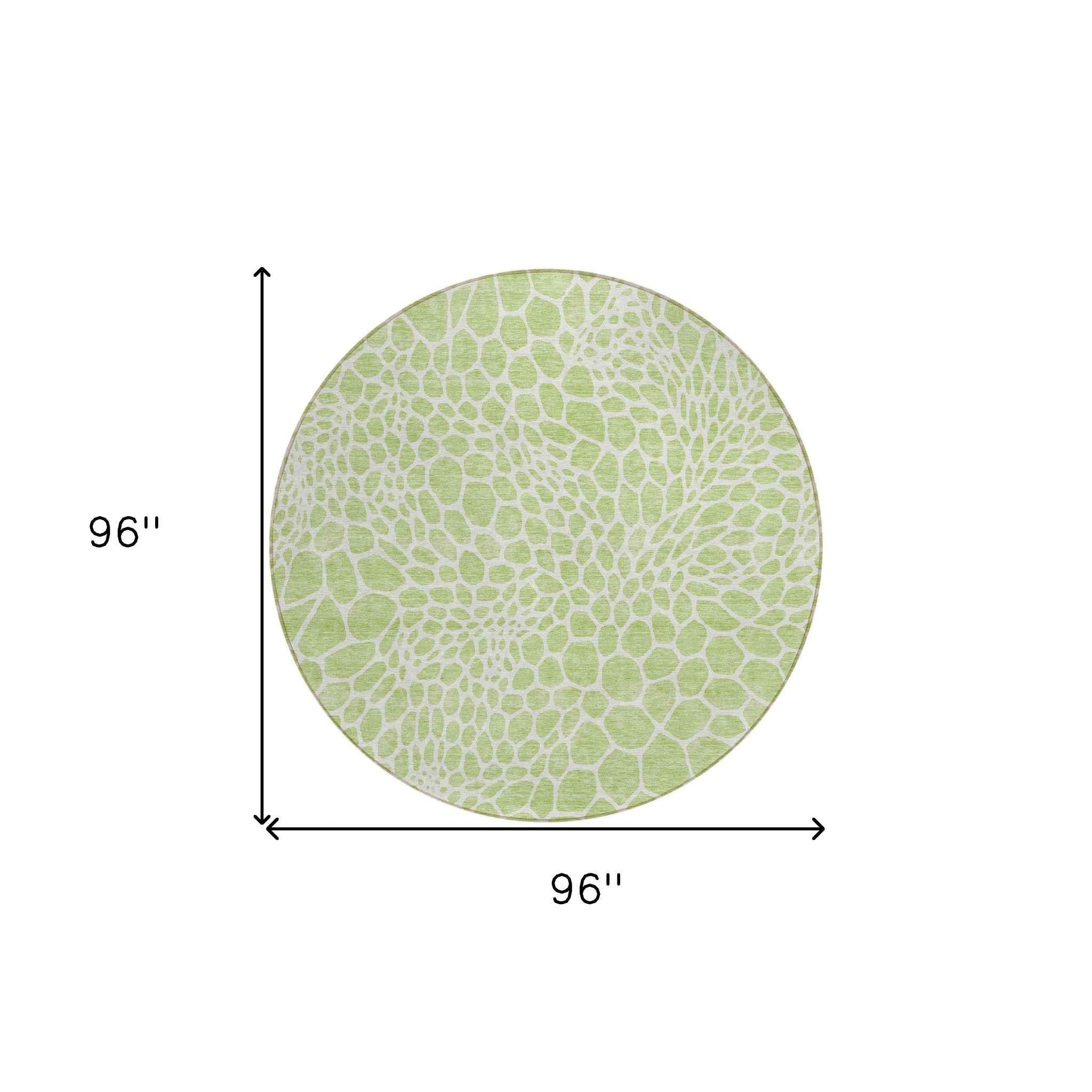 8' Artichoke Green And Ivory Round Geometric Washable Indoor Outdoor Area Rug