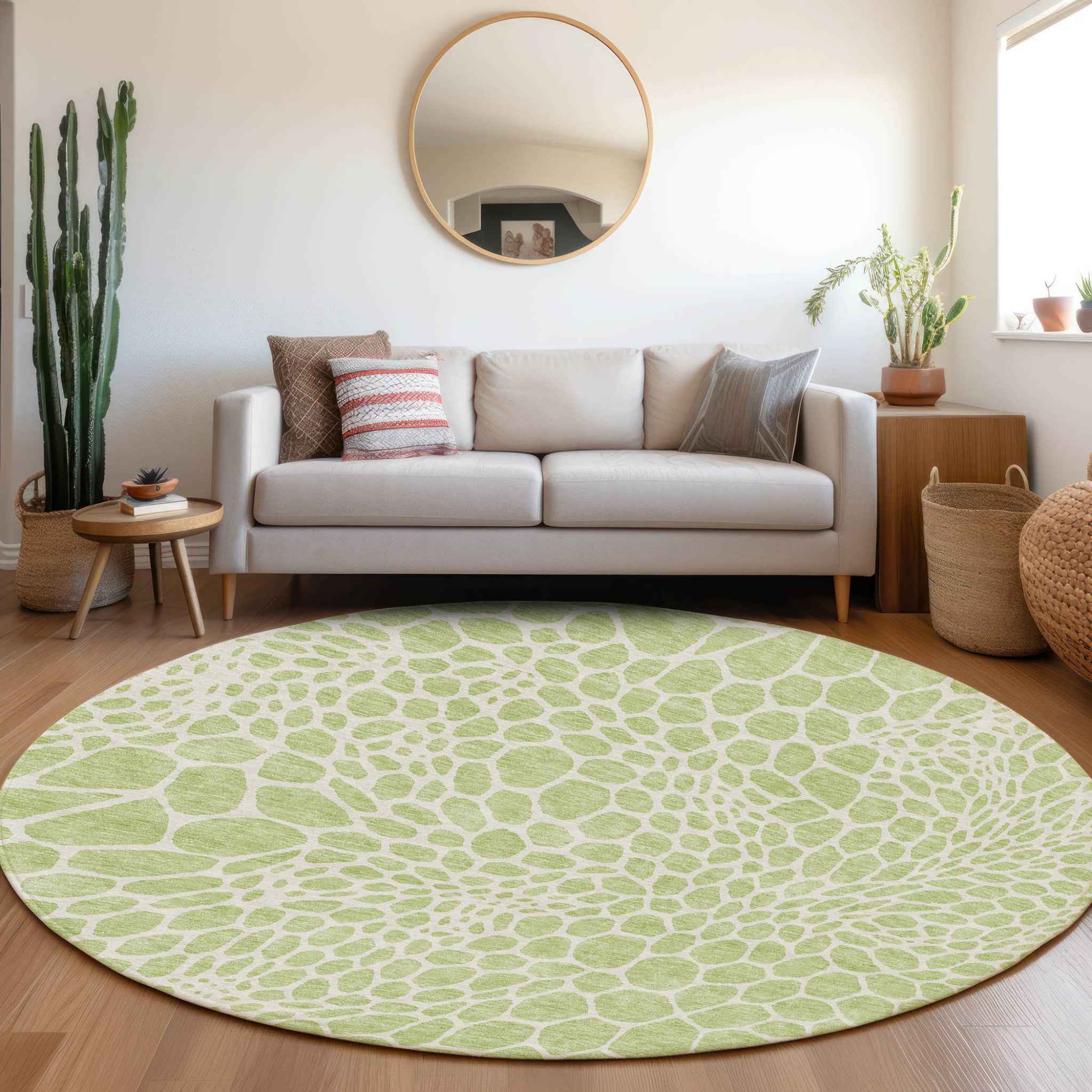 8' Artichoke Green And Ivory Round Geometric Washable Indoor Outdoor Area Rug