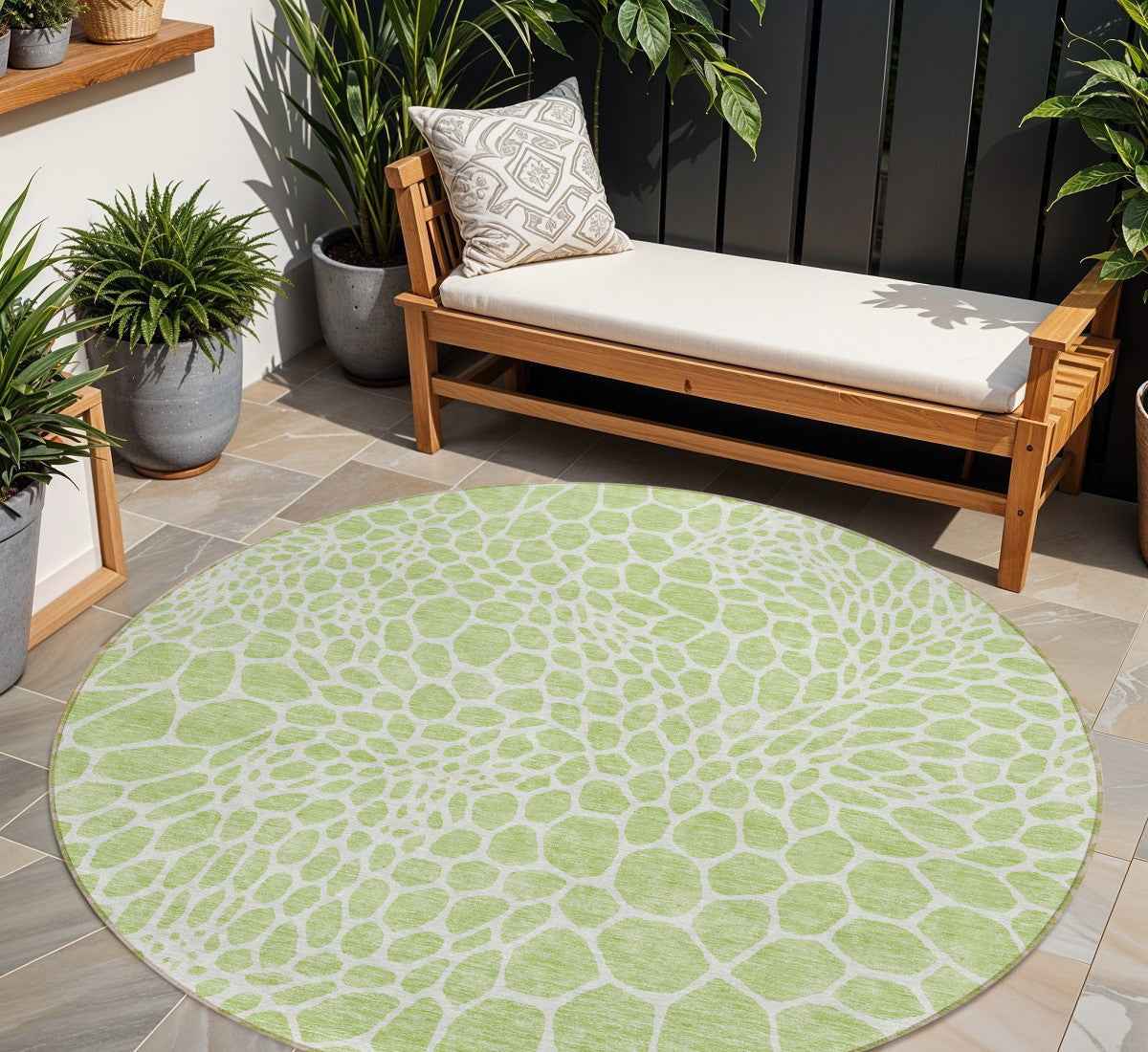 8' Artichoke Green And Ivory Round Geometric Washable Indoor Outdoor Area Rug