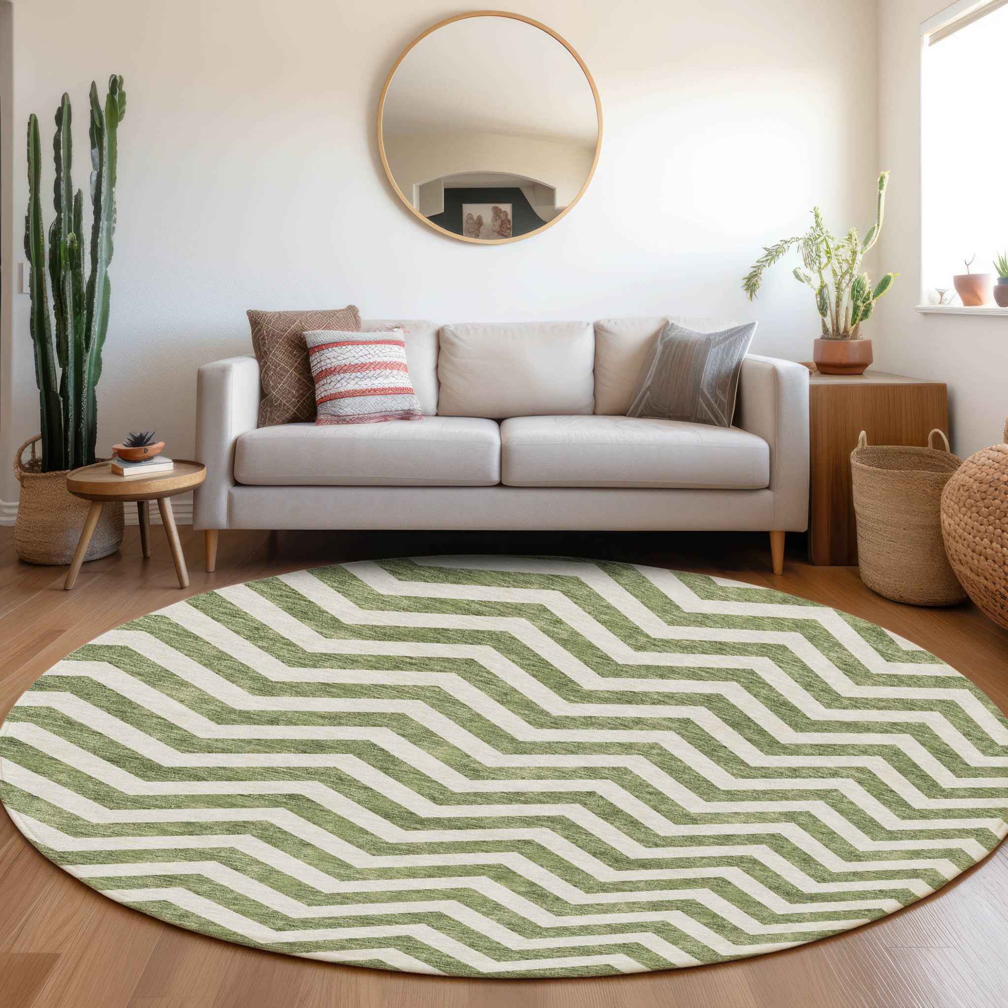 8' Green And Ivory Round Chevron Washable Indoor Outdoor Area Rug