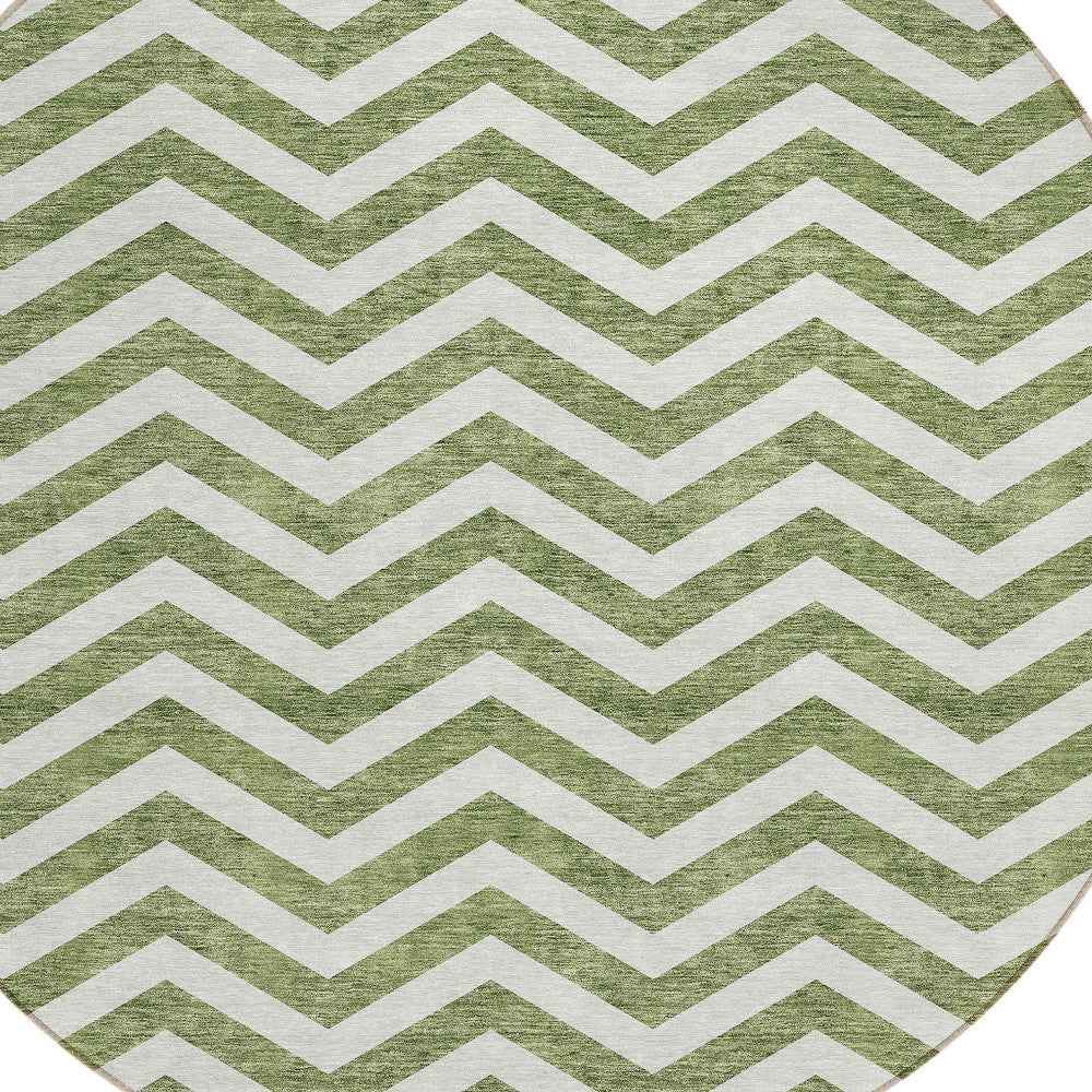 8' Green And Ivory Round Chevron Washable Indoor Outdoor Area Rug