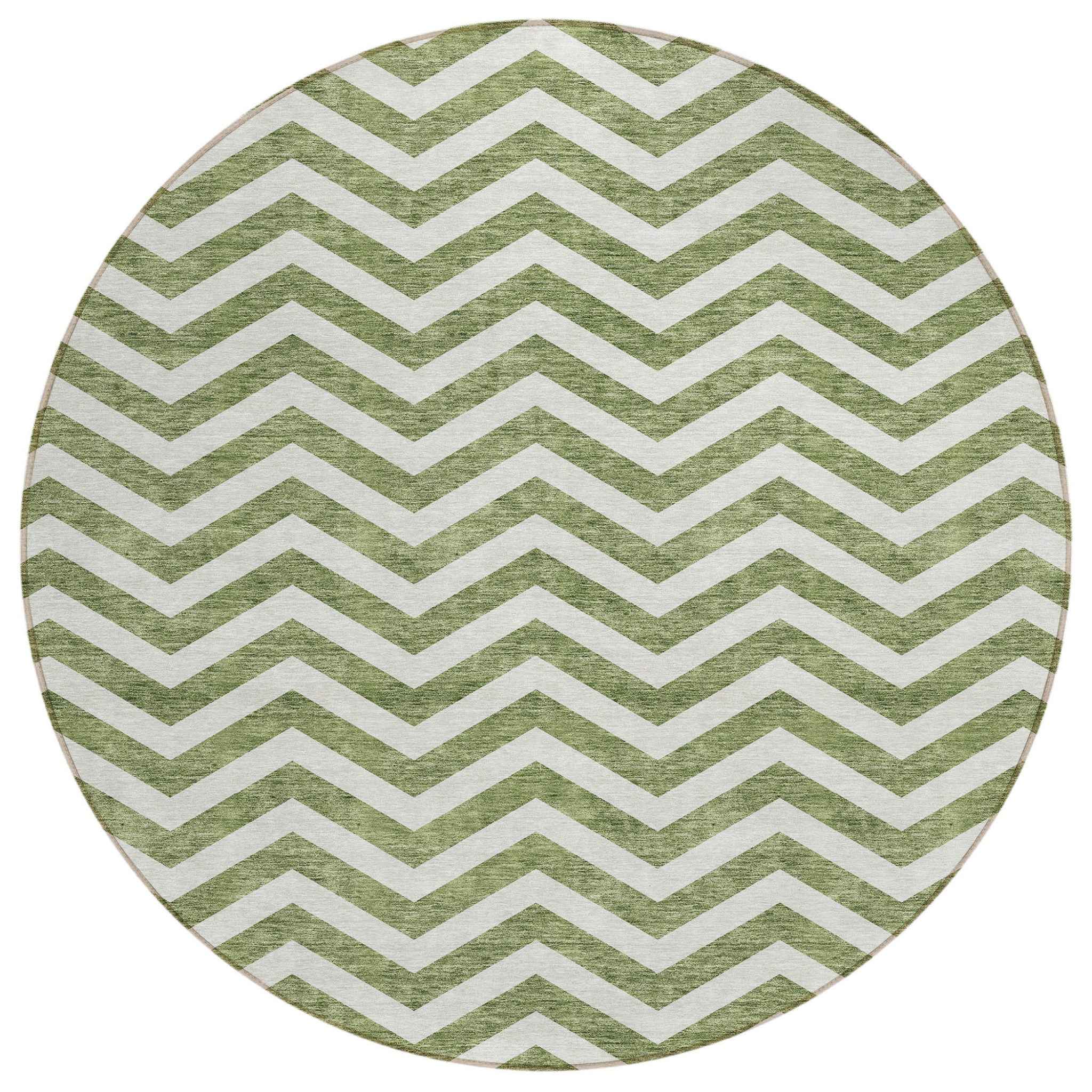 8' Green And Ivory Round Chevron Washable Indoor Outdoor Area Rug