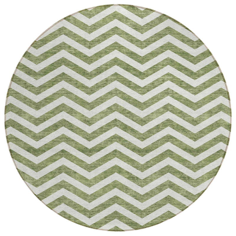 8' Green And Ivory Round Chevron Washable Indoor Outdoor Area Rug