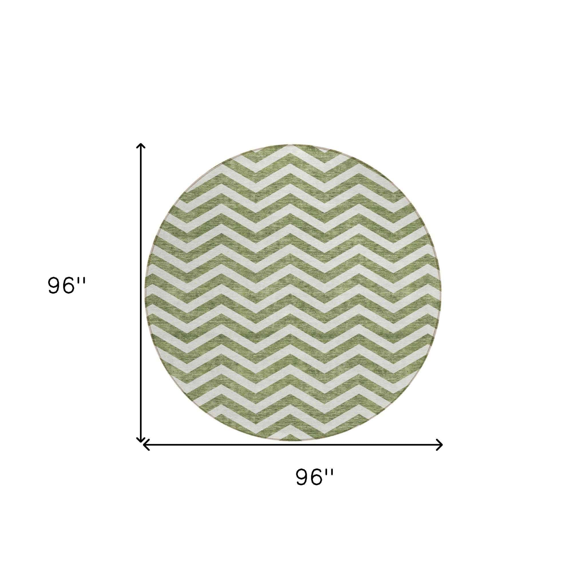 8' Green And Ivory Round Chevron Washable Indoor Outdoor Area Rug