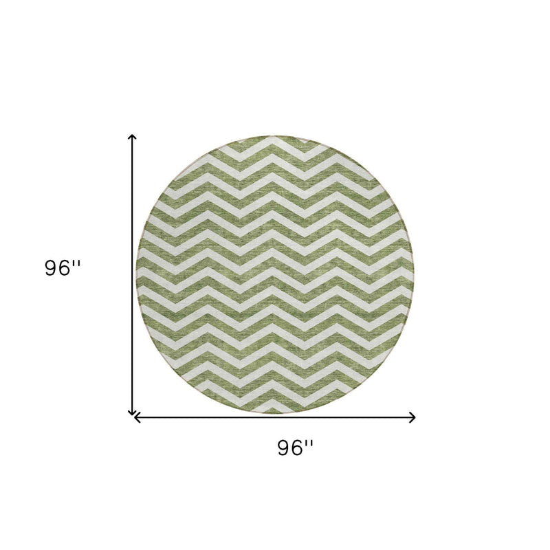 8' Green And Ivory Round Chevron Washable Indoor Outdoor Area Rug