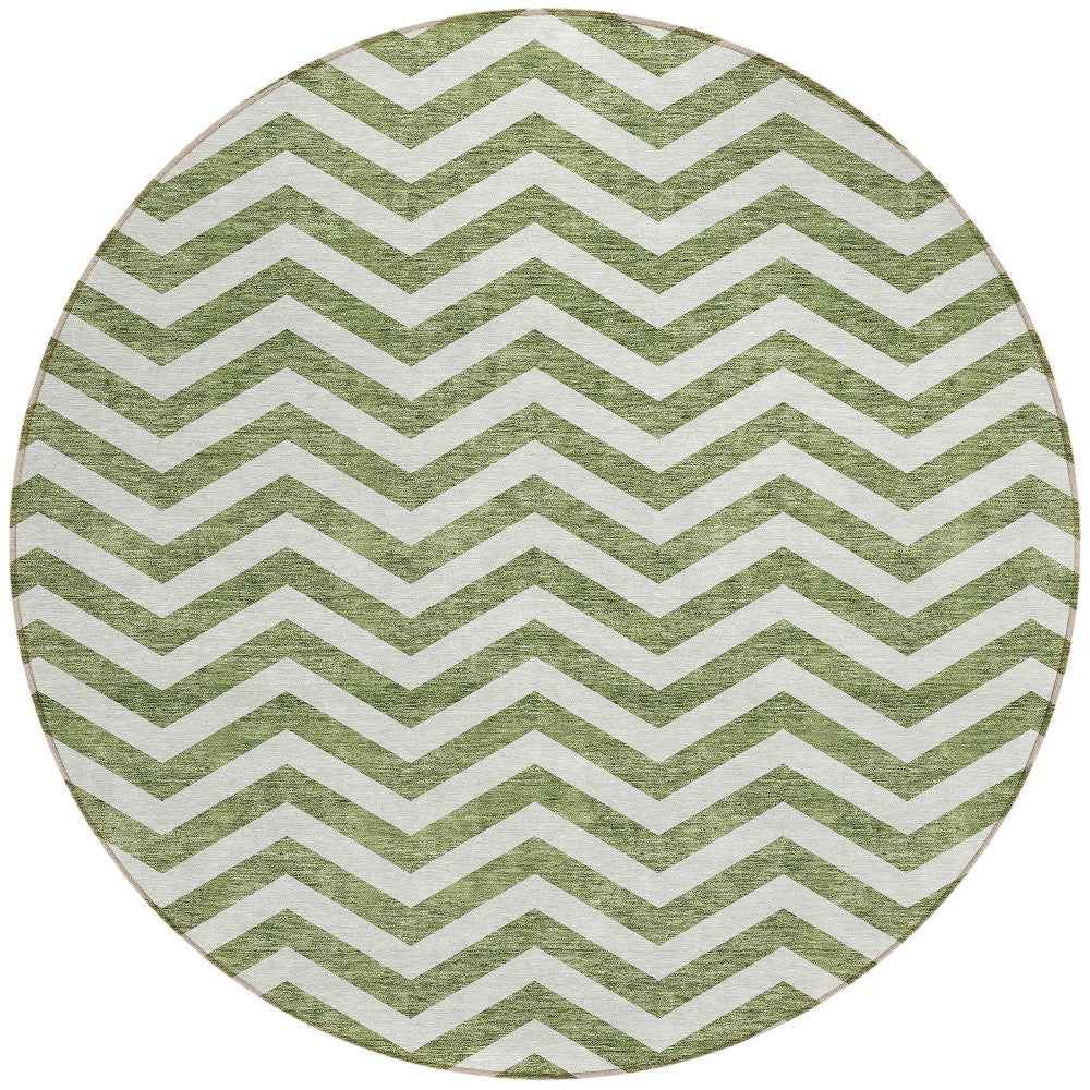 8' Green And Ivory Round Chevron Washable Indoor Outdoor Area Rug
