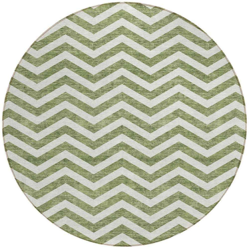 8' Green And Ivory Round Chevron Washable Indoor Outdoor Area Rug