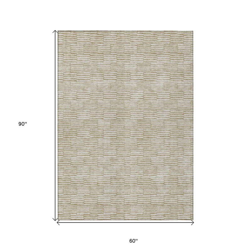 5' X 8' Beige And Ivory Geometric Washable Indoor Outdoor Area Rug