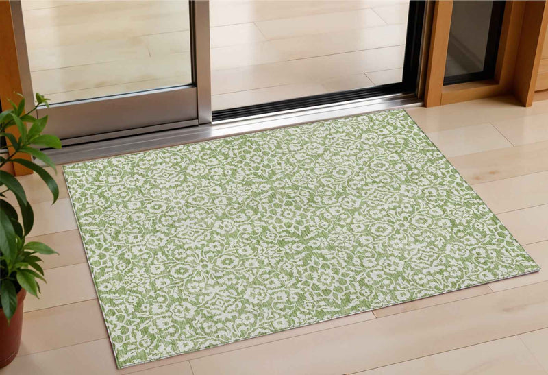 3' X 5' Green And Ivory Damask Washable Indoor Outdoor Area Rug