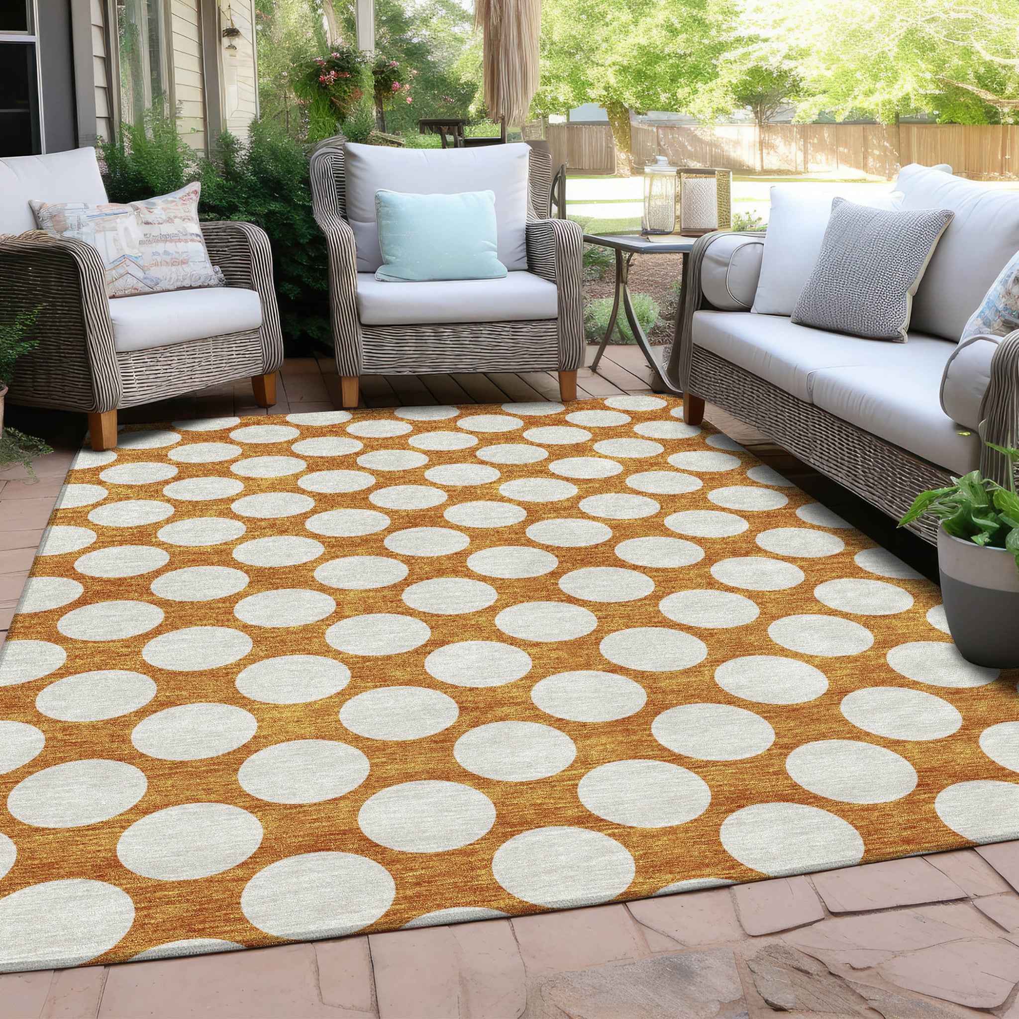 10' X 14' Orange And Ivory Polka Dot Washable Indoor Outdoor Area Rug