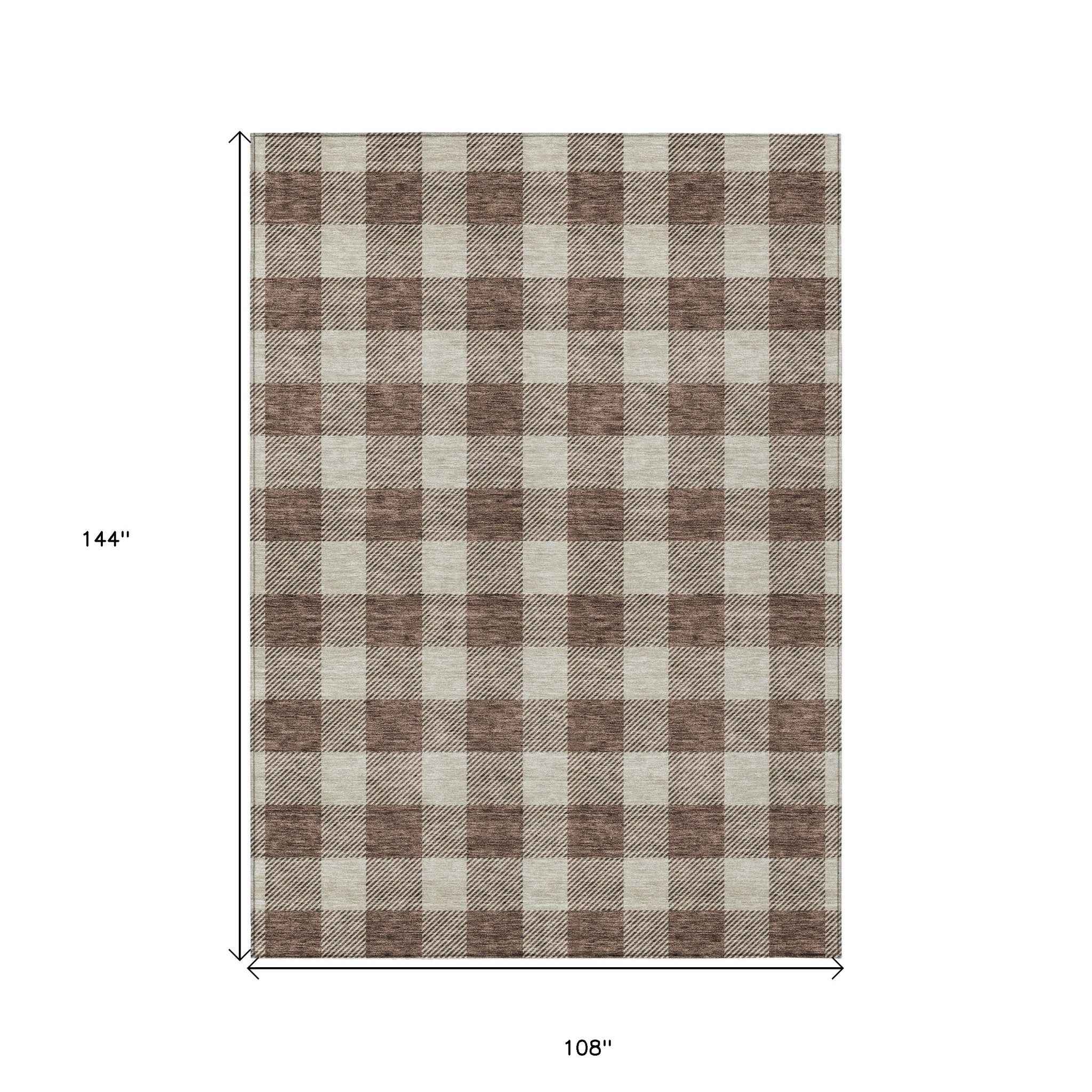 9' X 12' Brown And Beige Plaid Washable Indoor Outdoor Area Rug