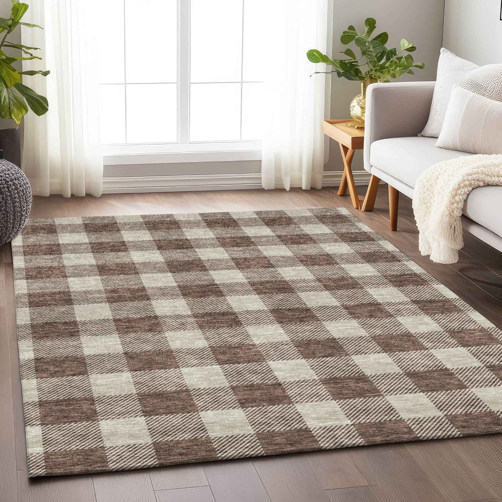 9' X 12' Brown And Beige Plaid Washable Indoor Outdoor Area Rug