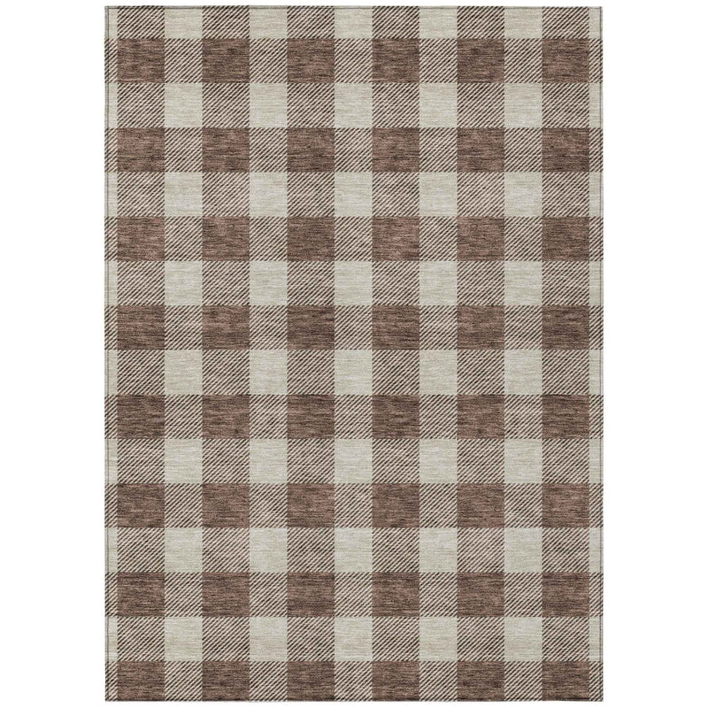 9' X 12' Brown And Beige Plaid Washable Indoor Outdoor Area Rug