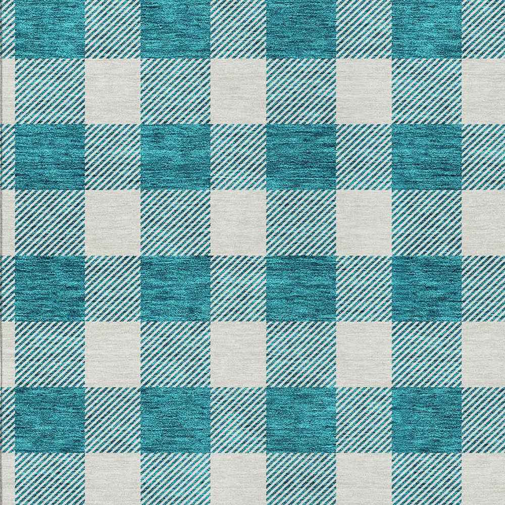 9' X 12' Teal Blue And Gray Plaid Washable Indoor Outdoor Area Rug
