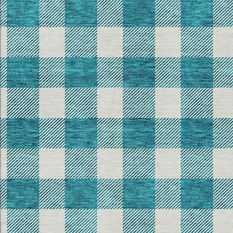 9' X 12' Teal Blue And Gray Plaid Washable Indoor Outdoor Area Rug