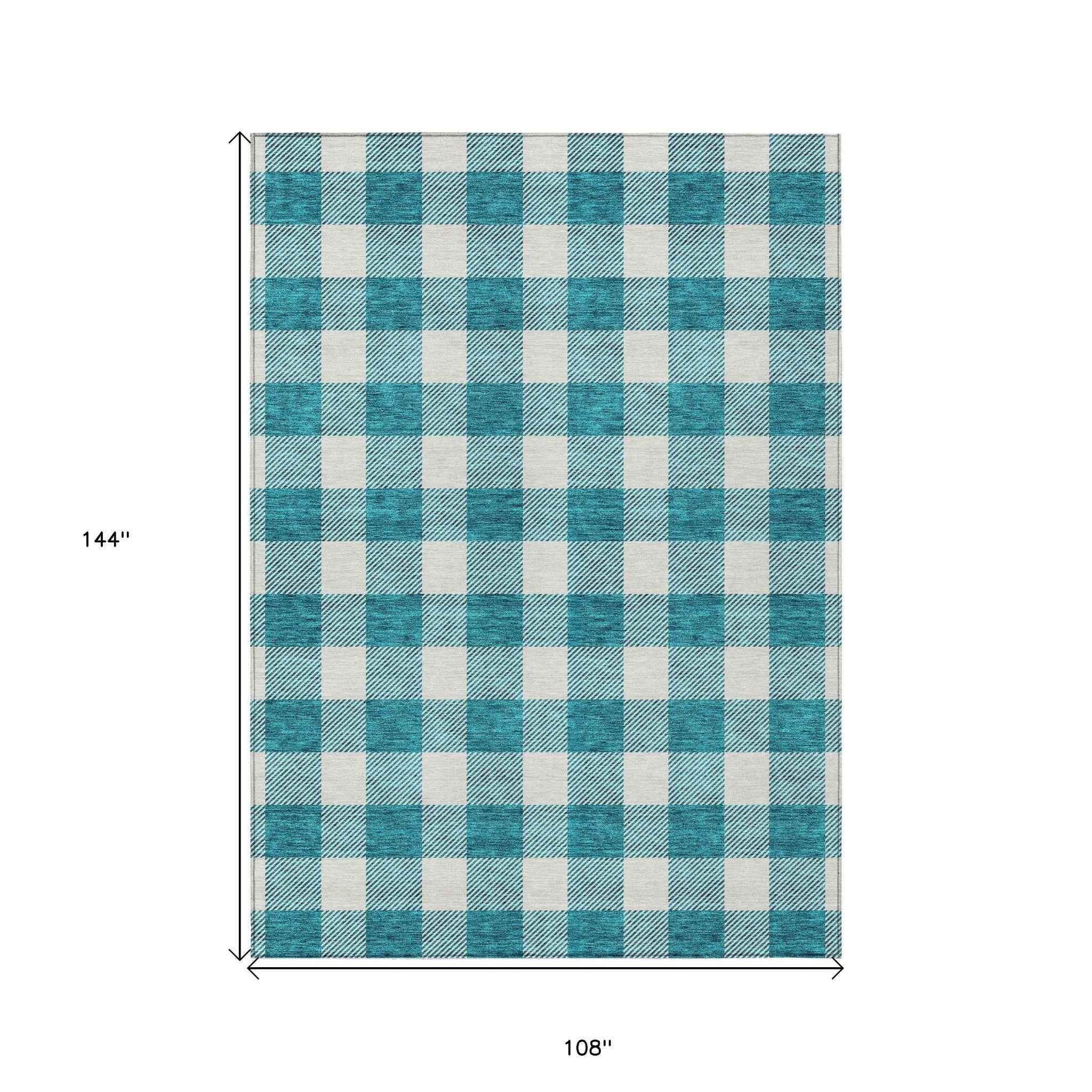 9' X 12' Teal Blue And Gray Plaid Washable Indoor Outdoor Area Rug