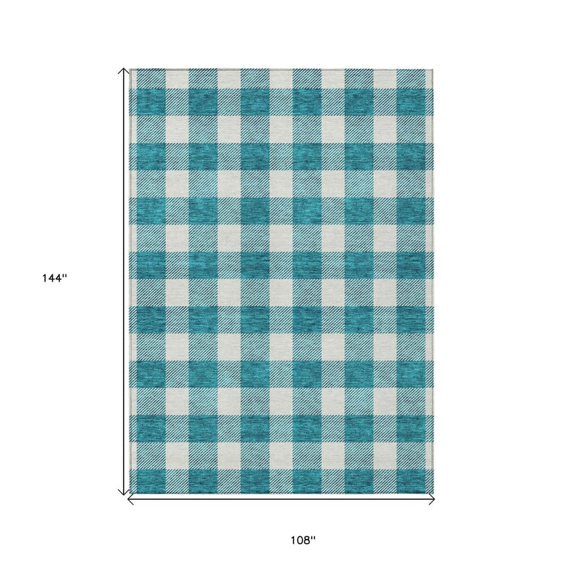 9' X 12' Teal Blue And Gray Plaid Washable Indoor Outdoor Area Rug