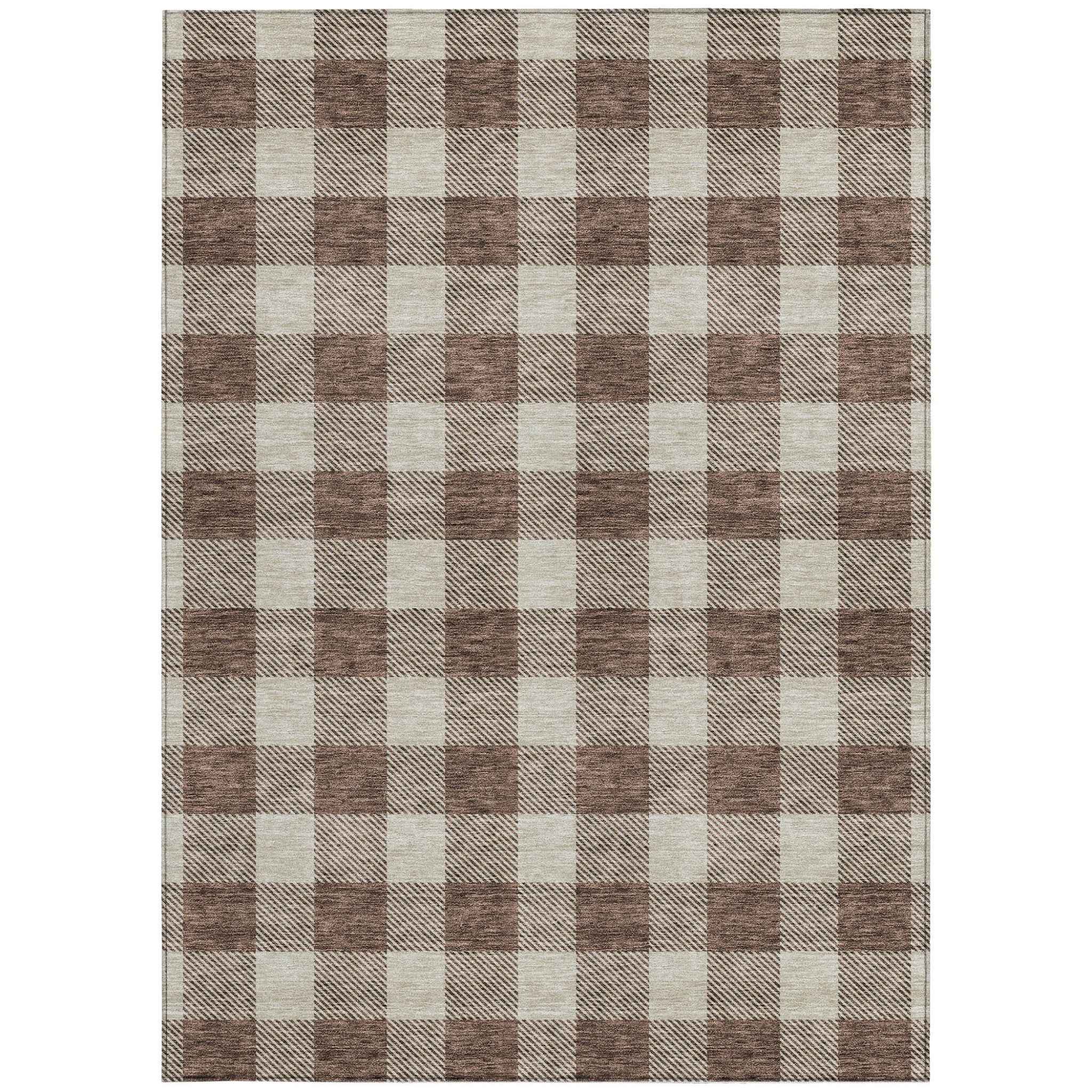9' X 12' Brown And Beige Plaid Washable Indoor Outdoor Area Rug