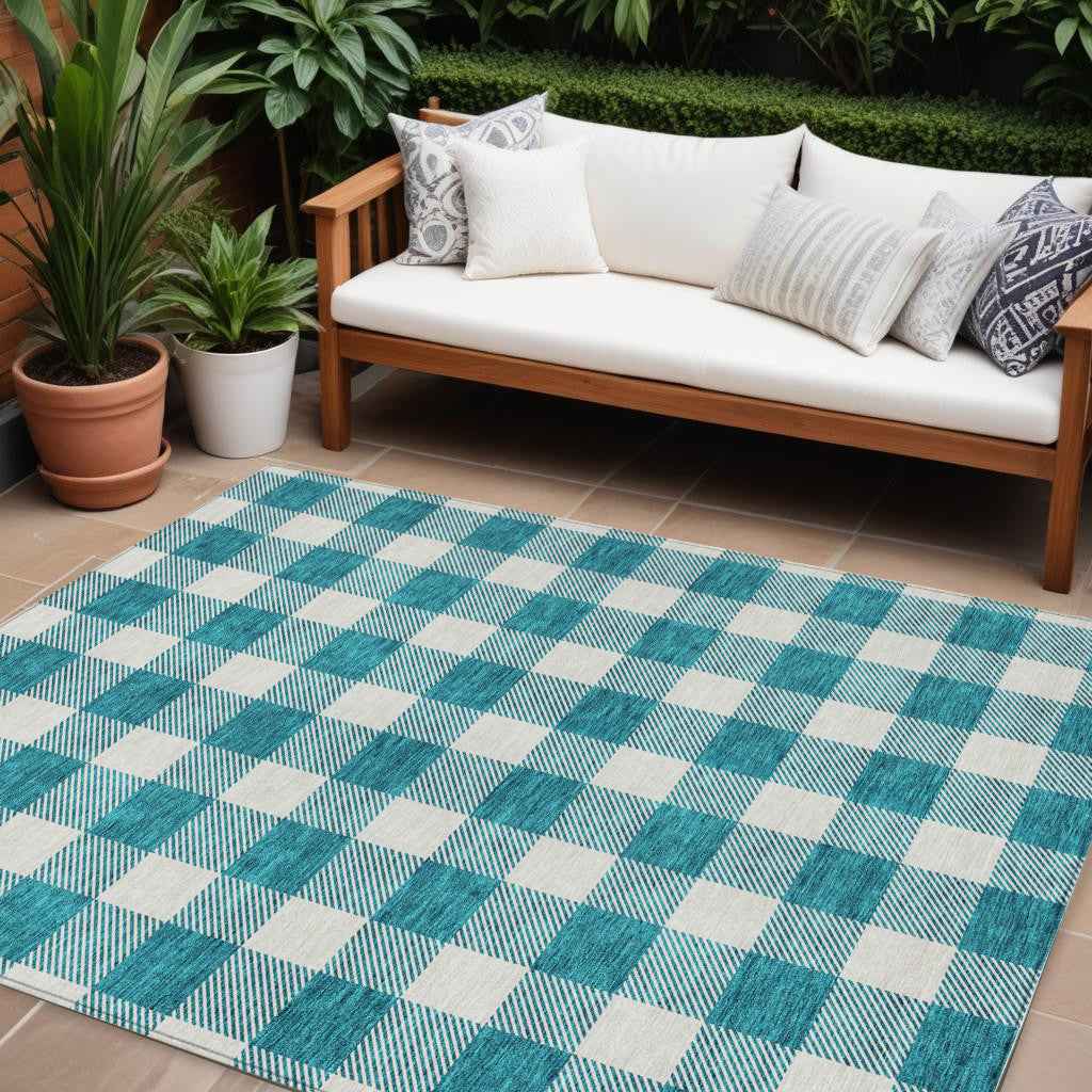 9' X 12' Teal Blue And Gray Plaid Washable Indoor Outdoor Area Rug