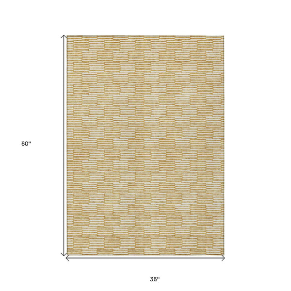 3' X 5' Gold And Beige Geometric Washable Indoor Outdoor Area Rug