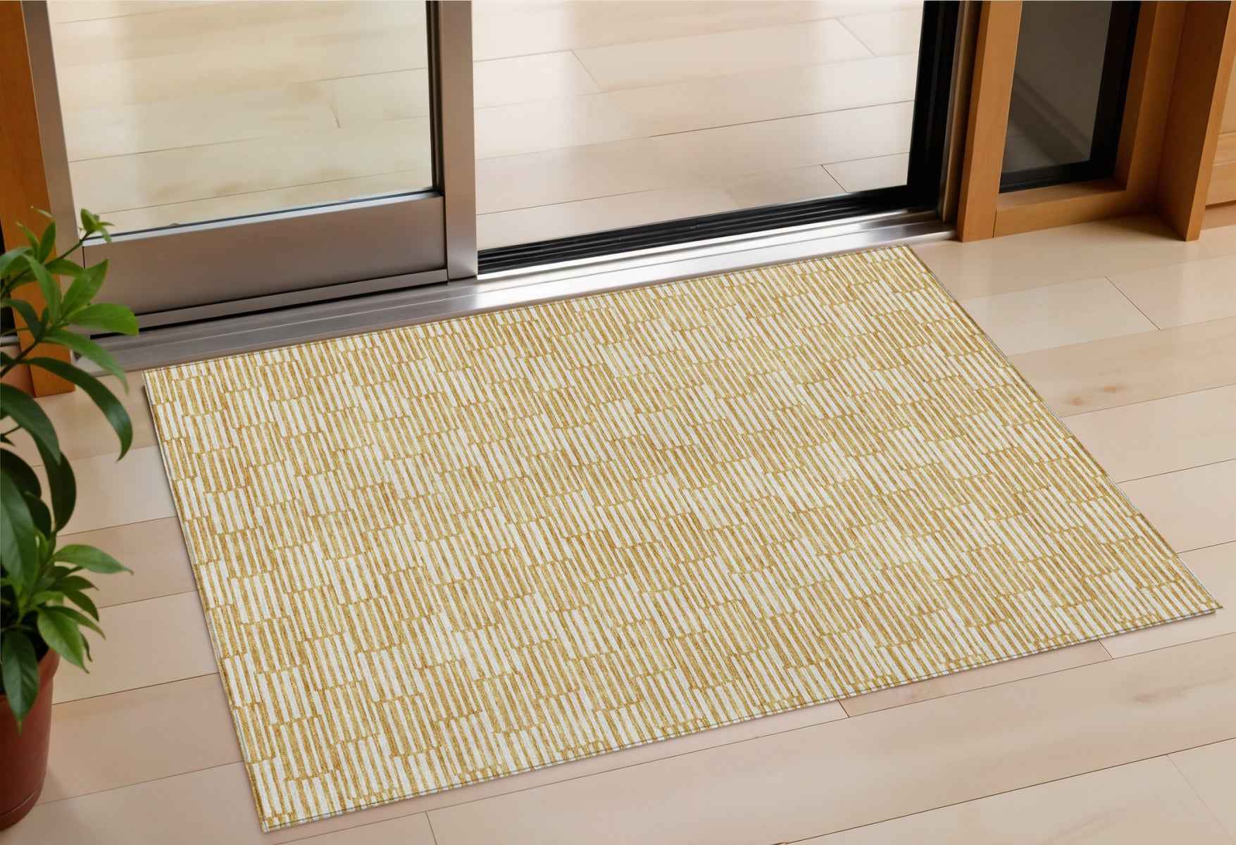 3' X 5' Gold And Beige Geometric Washable Indoor Outdoor Area Rug
