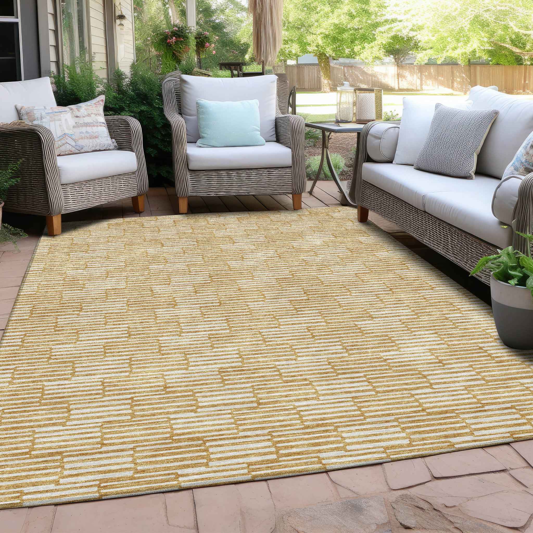 3' X 5' Gold And Beige Geometric Washable Indoor Outdoor Area Rug