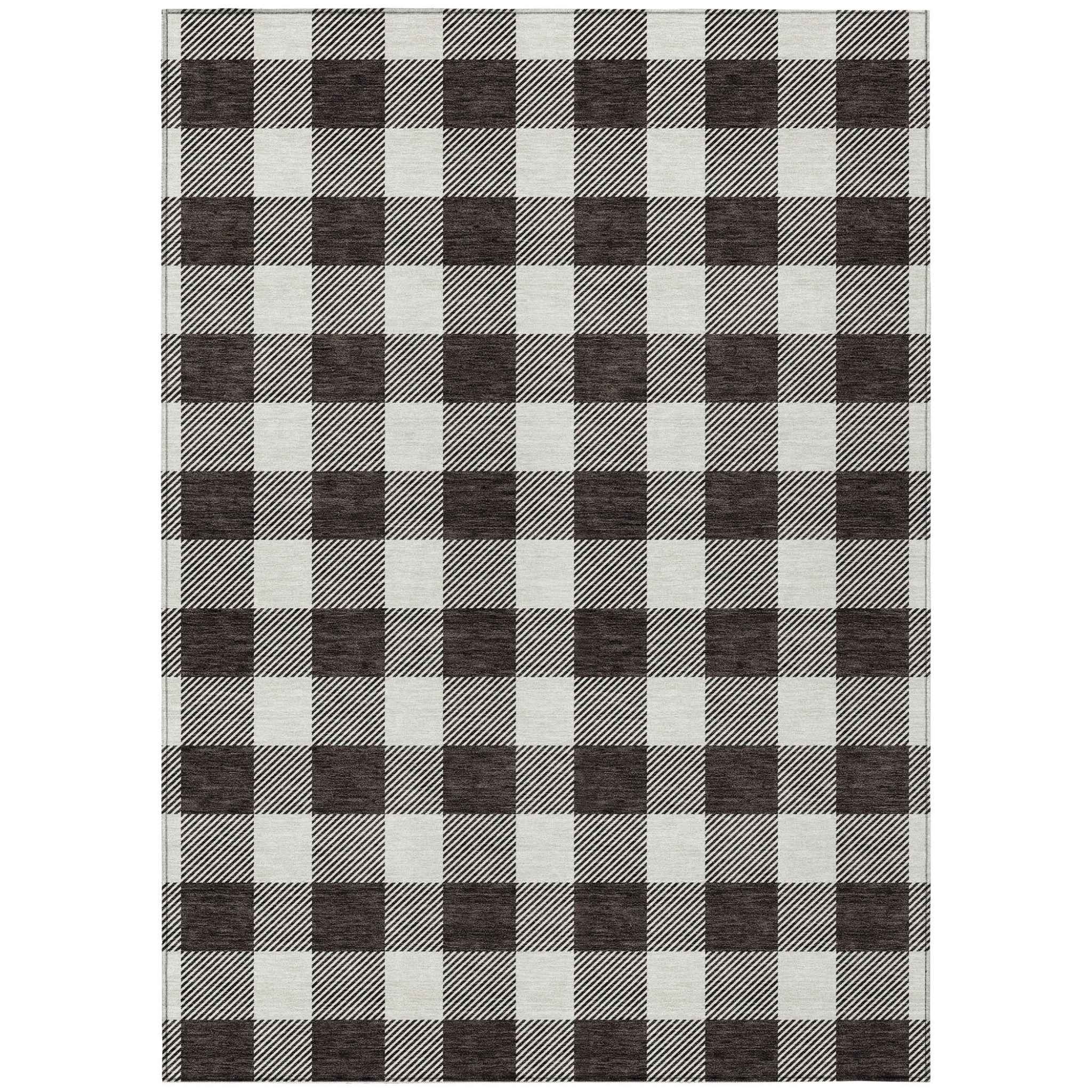 5' X 8' Black And Gray Plaid Washable Indoor Outdoor Area Rug
