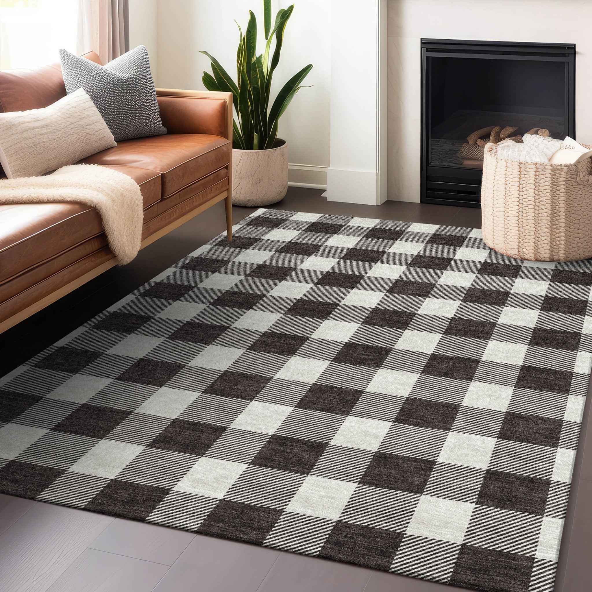 5' X 8' Black And Gray Plaid Washable Indoor Outdoor Area Rug
