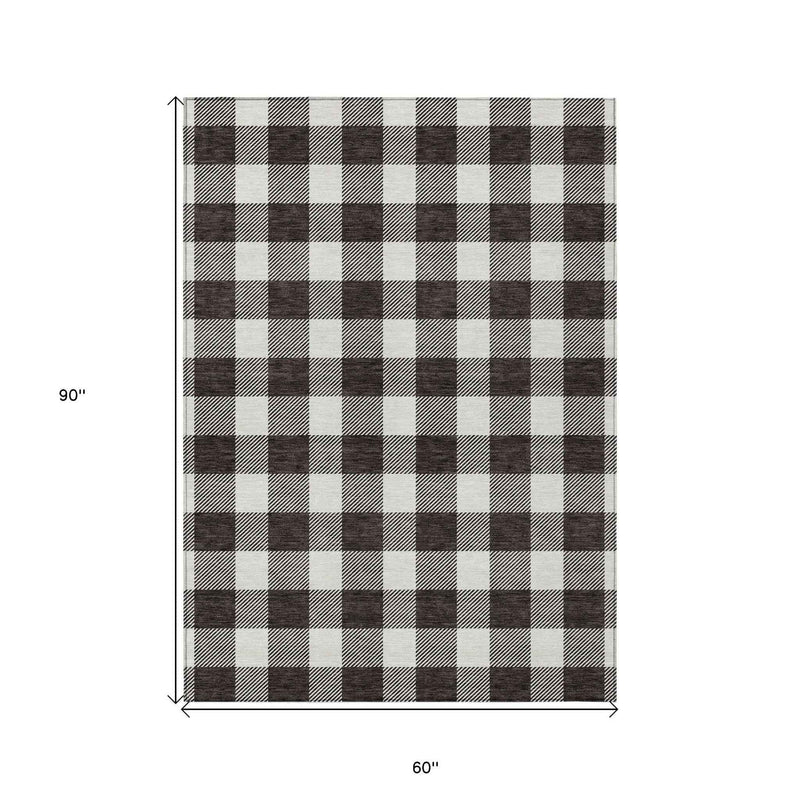 5' X 8' Black And Gray Plaid Washable Indoor Outdoor Area Rug