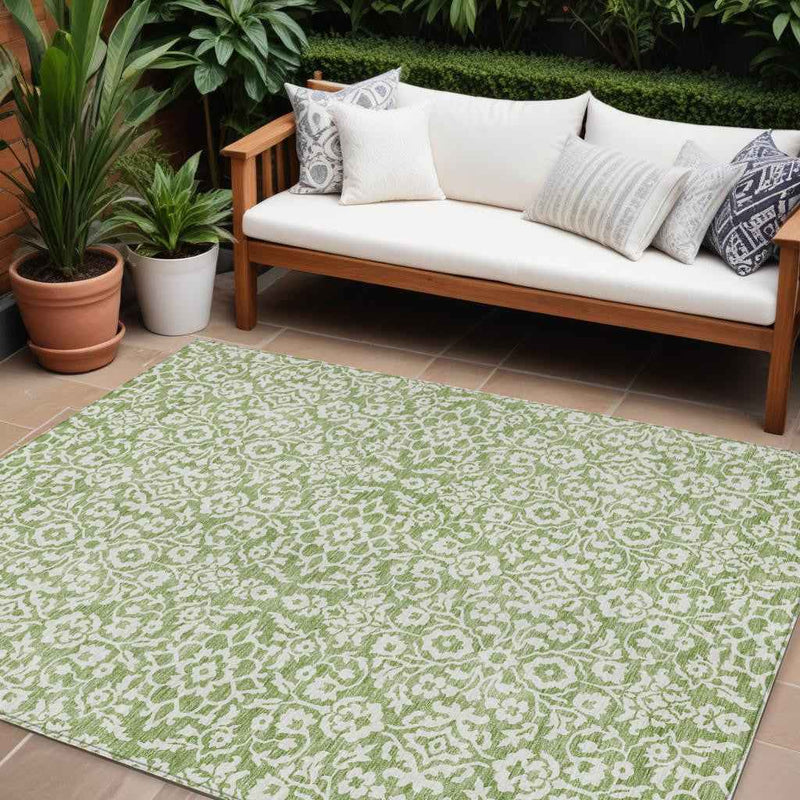 8' X 10' Green And Ivory Damask Washable Indoor Outdoor Area Rug