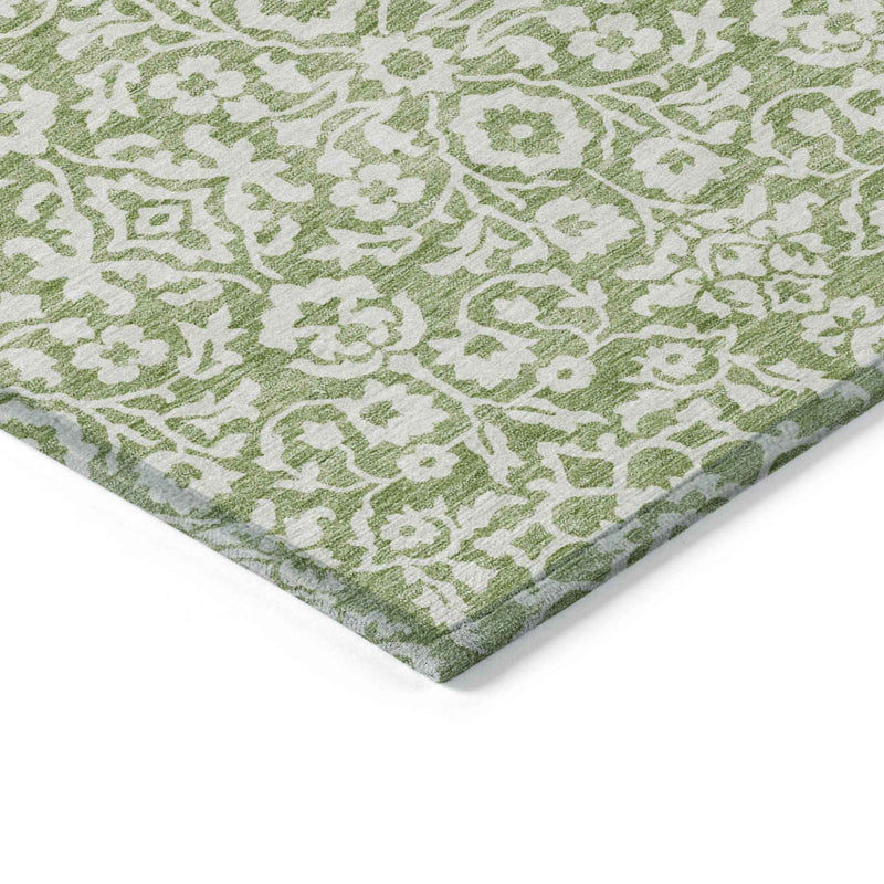 8' X 10' Green And Ivory Damask Washable Indoor Outdoor Area Rug