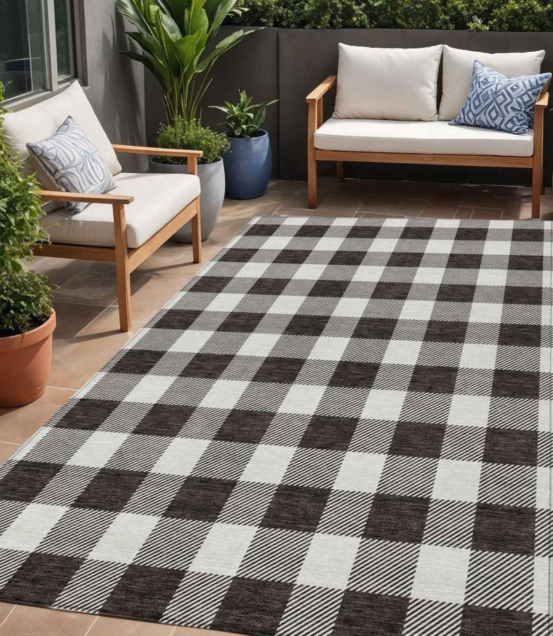 5' X 8' Black And Gray Plaid Washable Indoor Outdoor Area Rug