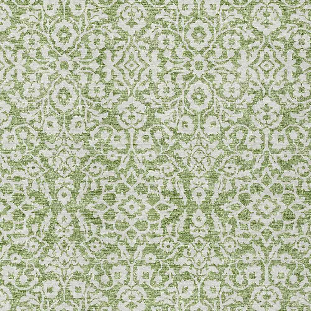 8' X 10' Green And Ivory Damask Washable Indoor Outdoor Area Rug