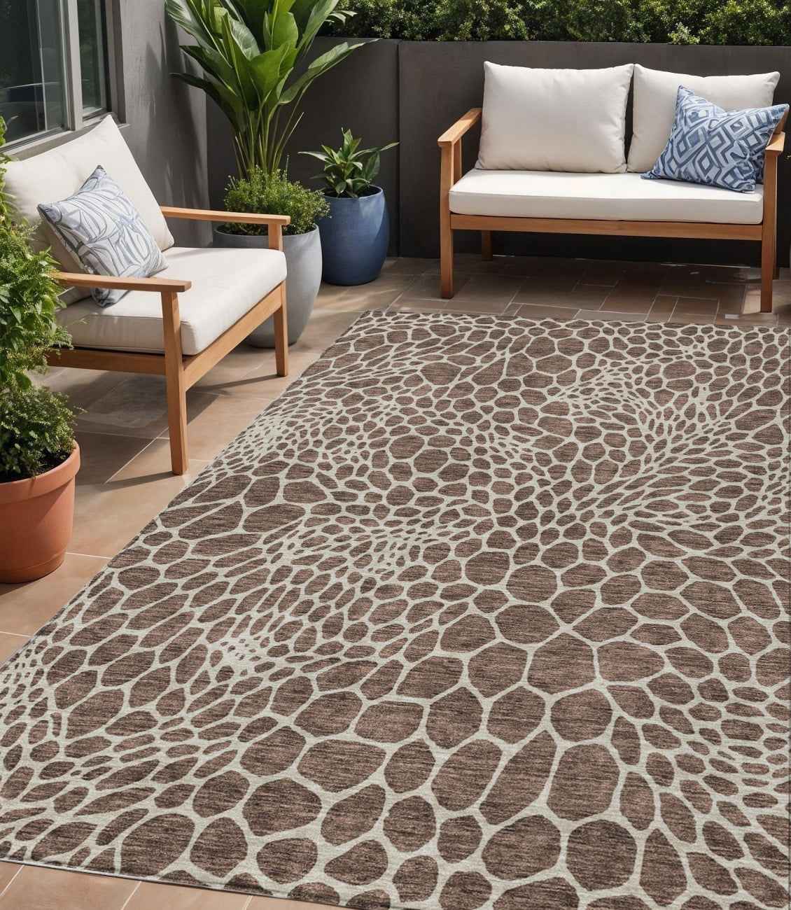 5' X 8' Brown And Beige Geometric Washable Indoor Outdoor Area Rug