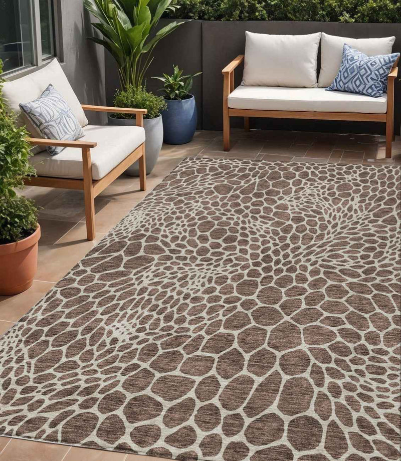 5' X 8' Brown And Beige Geometric Washable Indoor Outdoor Area Rug