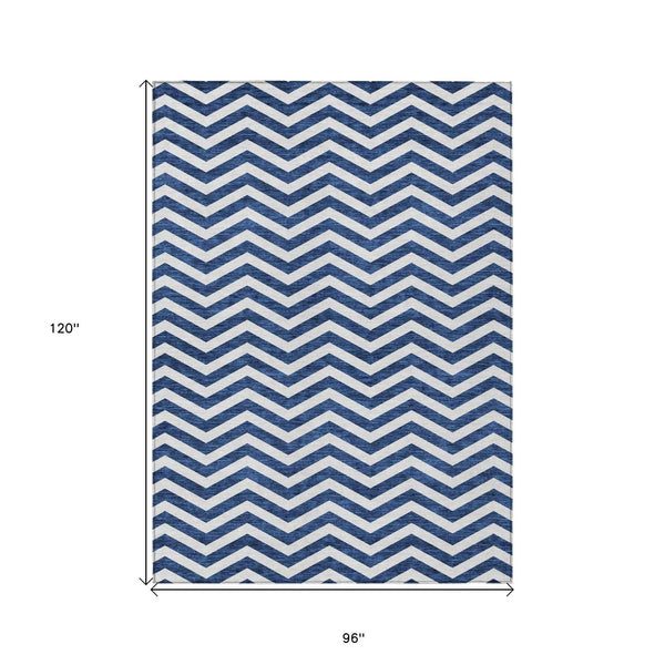 8' X 10' Navy Blue And Ivory Chevron Washable Indoor Outdoor Area Rug