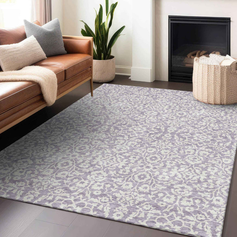 5' X 8' Lavender And Ivory Damask Washable Indoor Outdoor Area Rug