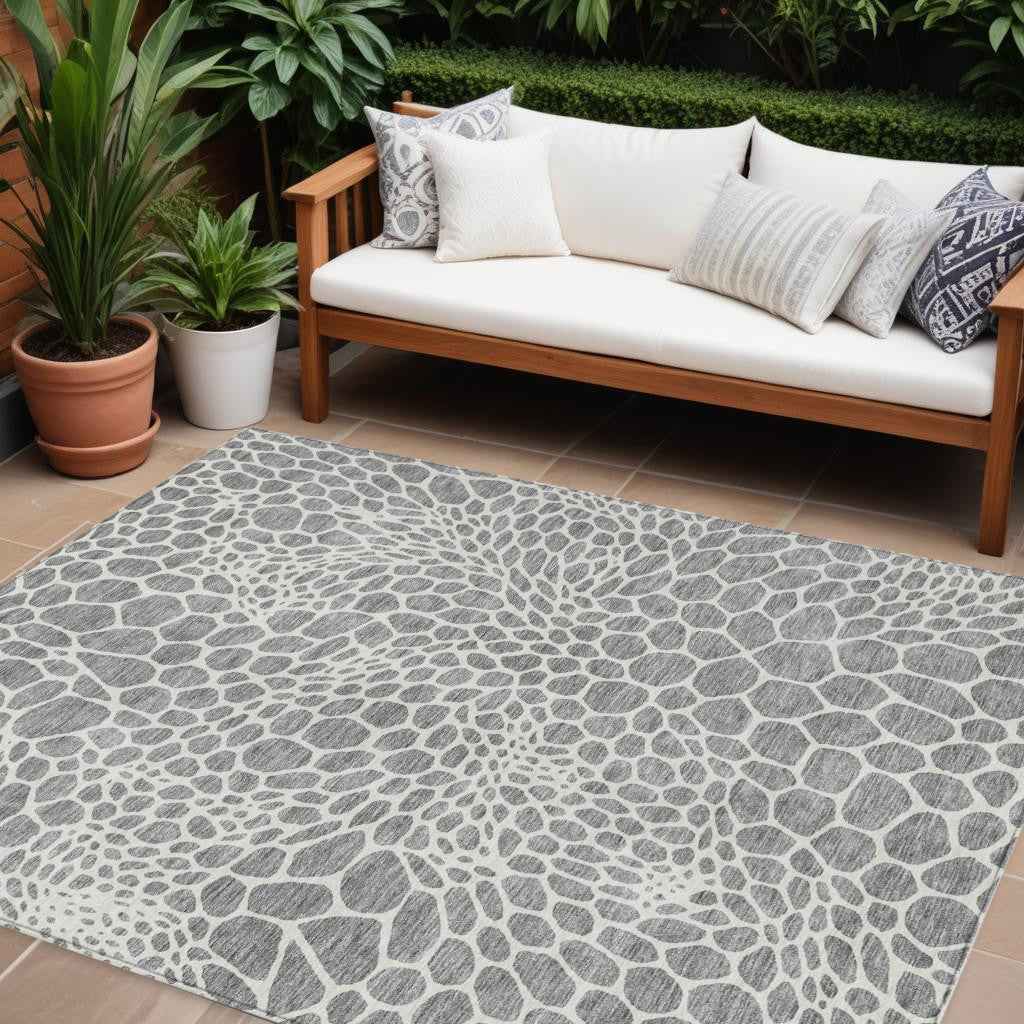 10' X 14' Gray And Ivory Geometric Washable Indoor Outdoor Area Rug