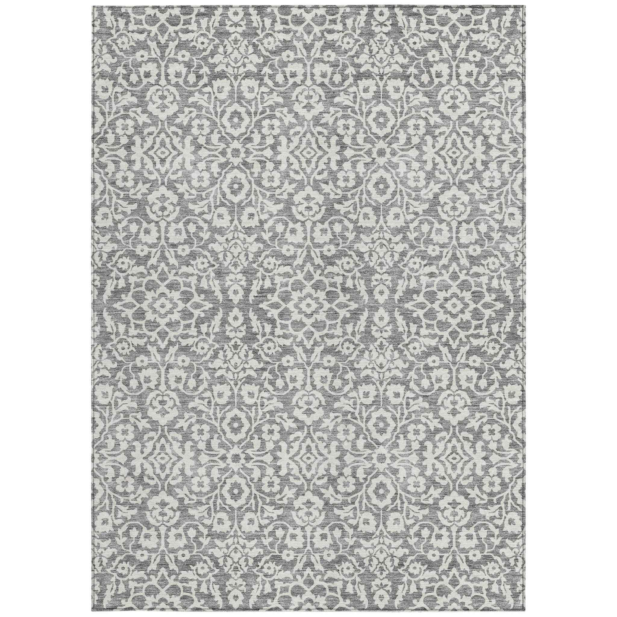 9' X 12' Gray And Ivory Damask Washable Indoor Outdoor Area Rug