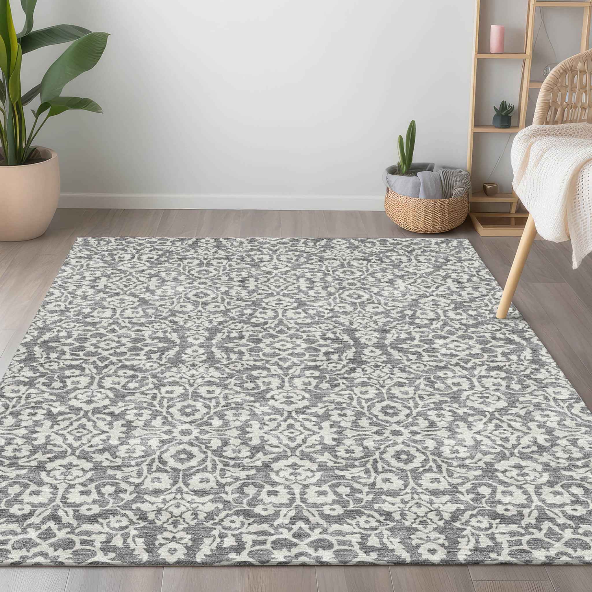 9' X 12' Gray And Ivory Damask Washable Indoor Outdoor Area Rug