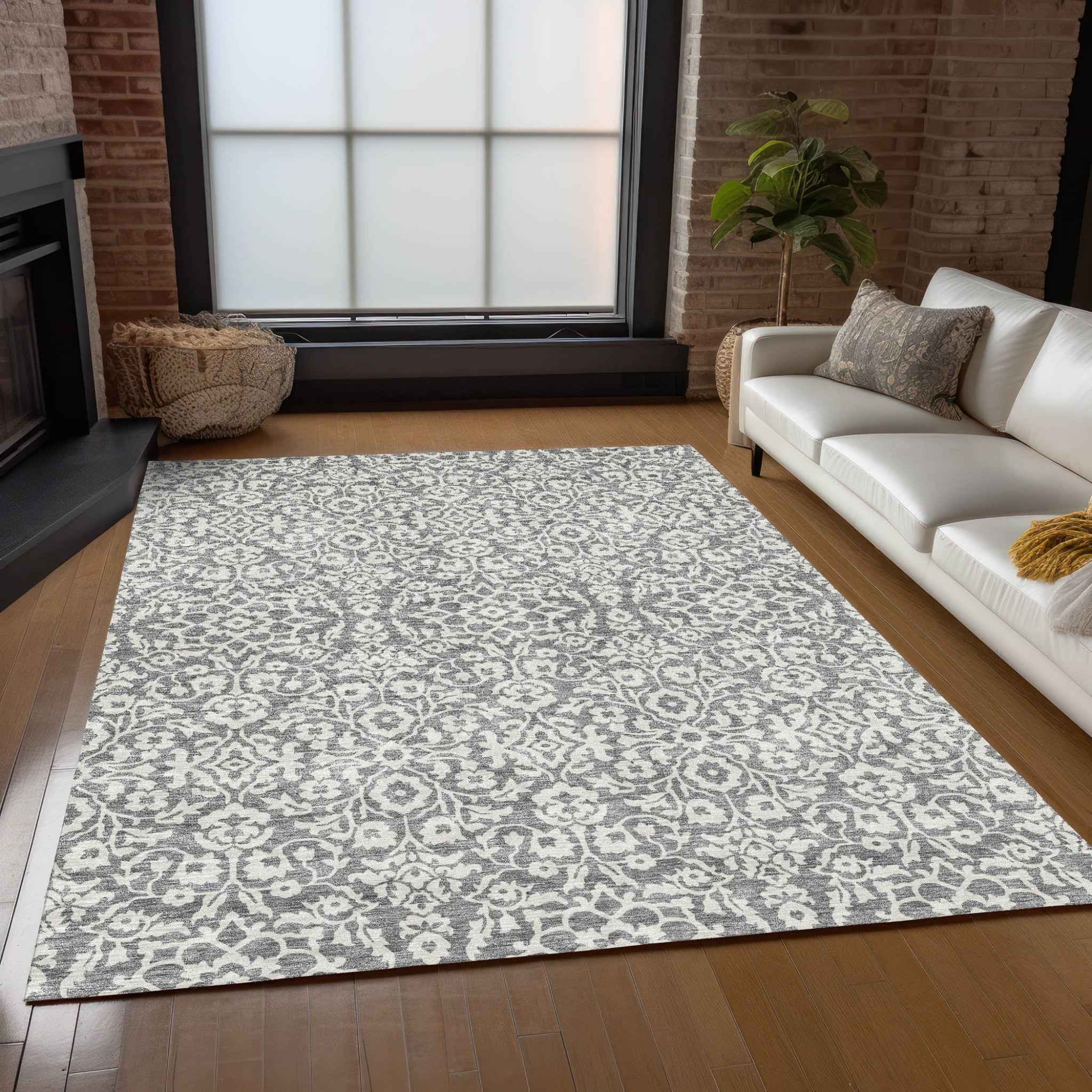 9' X 12' Gray And Ivory Damask Washable Indoor Outdoor Area Rug