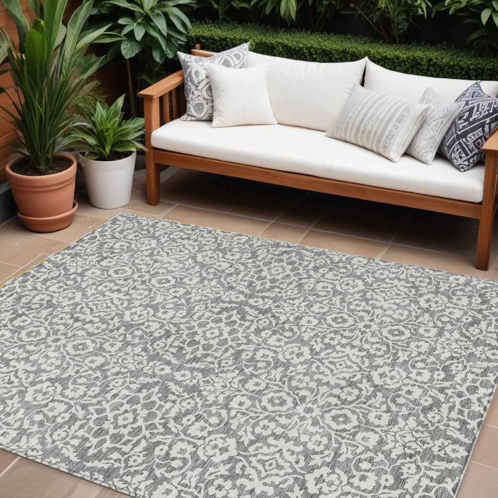 9' X 12' Gray And Ivory Damask Washable Indoor Outdoor Area Rug