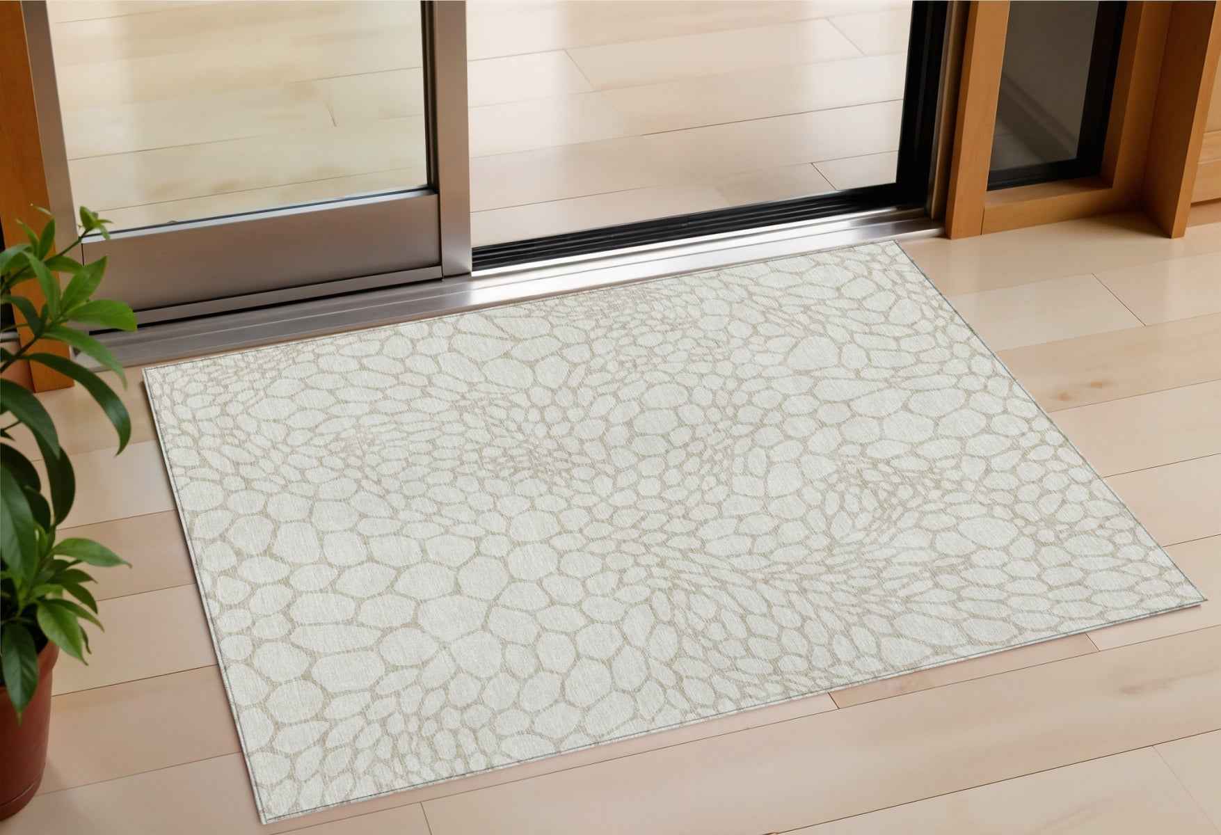 3' X 5' Ivory And Beige Geometric Washable Indoor Outdoor Area Rug