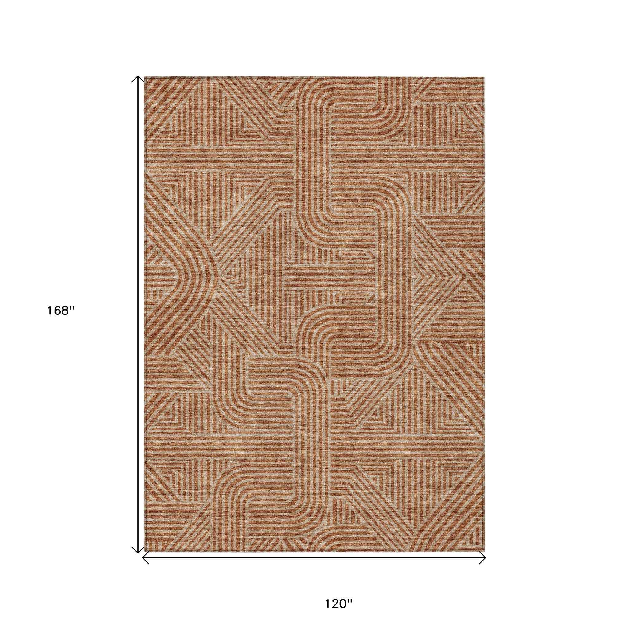 10' X 14' Terra Cotta And Brown Abstract Washable Indoor Outdoor Area Rug