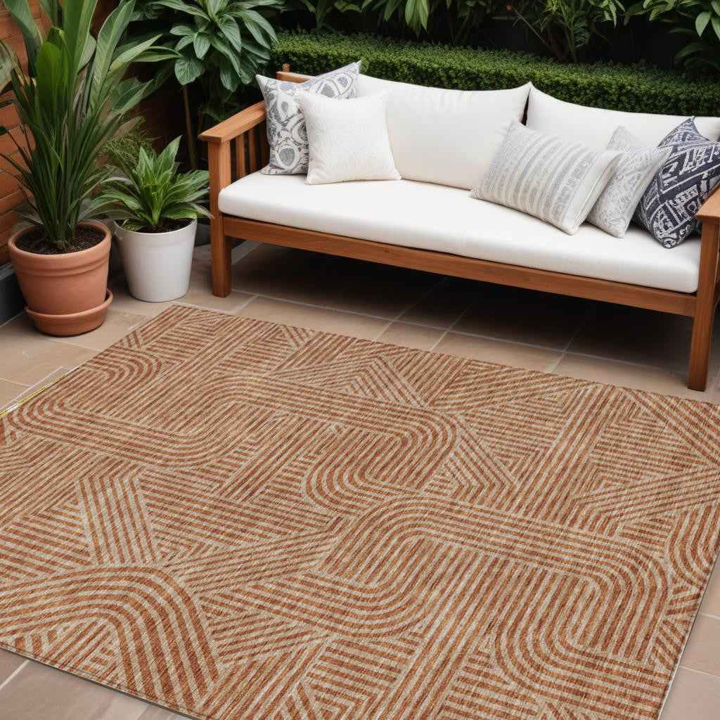 10' X 14' Terra Cotta And Brown Abstract Washable Indoor Outdoor Area Rug