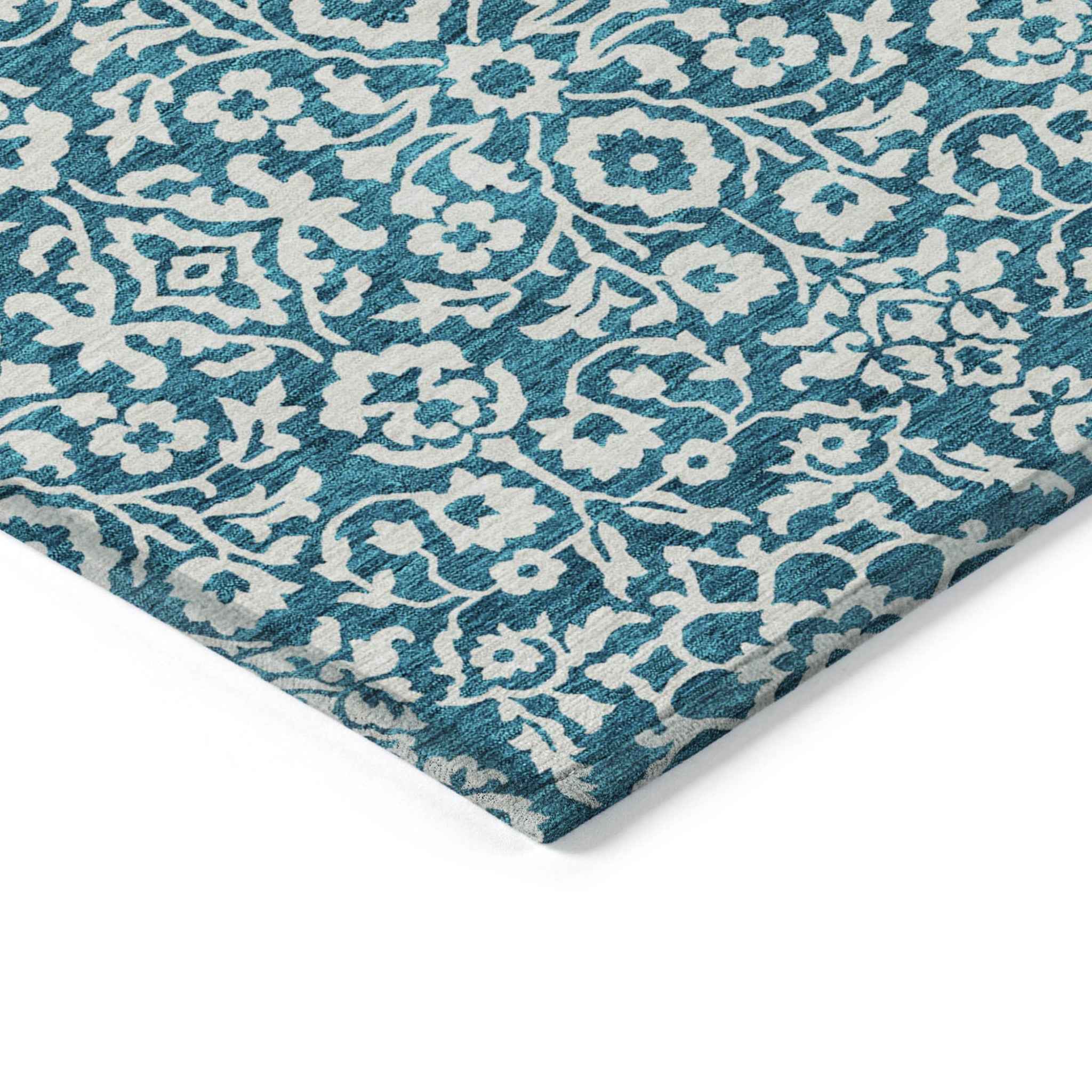 9' X 12' Teal Blue And Ivory Damask Washable Indoor Outdoor Area Rug