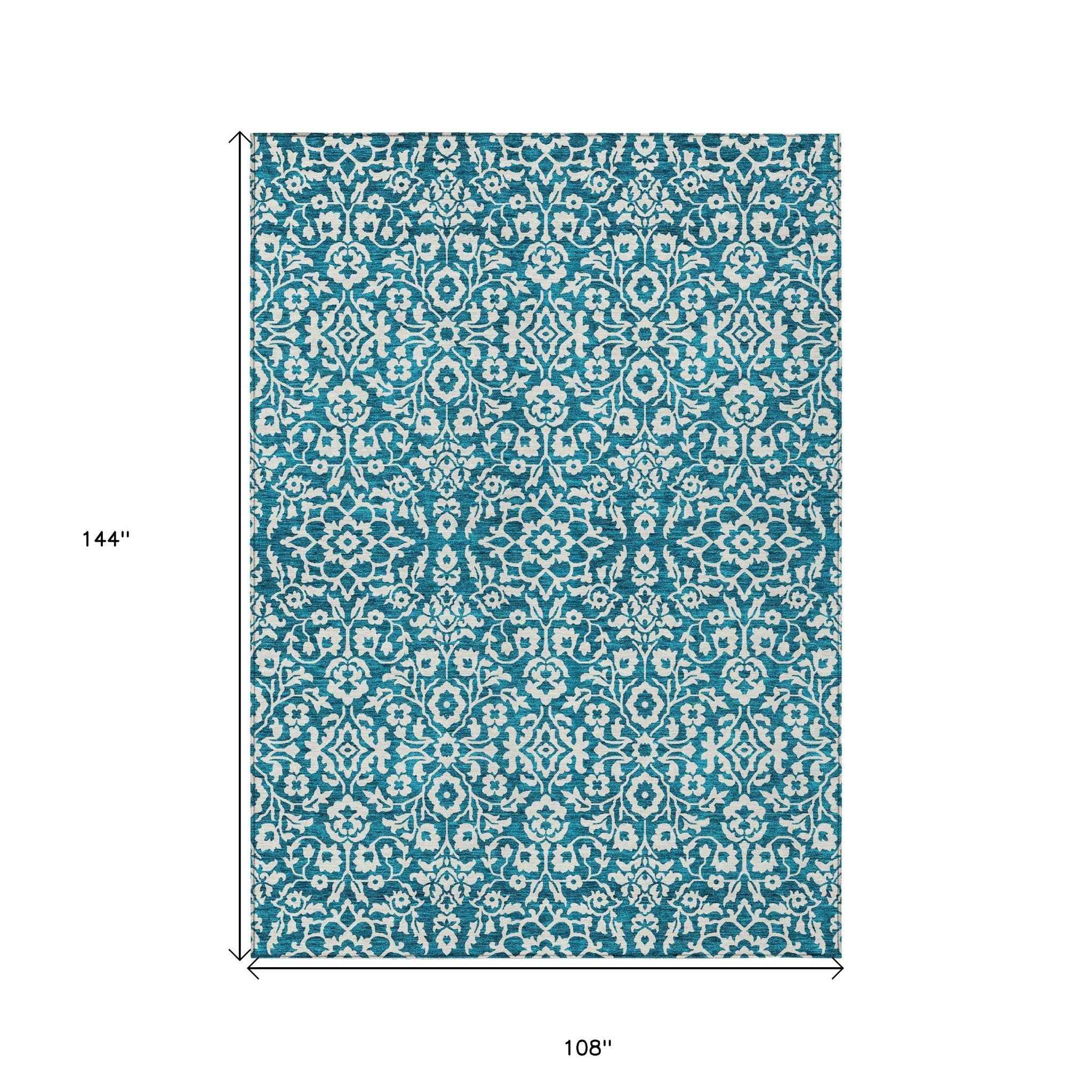 9' X 12' Teal Blue And Ivory Damask Washable Indoor Outdoor Area Rug