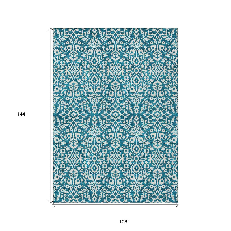 9' X 12' Teal Blue And Ivory Damask Washable Indoor Outdoor Area Rug