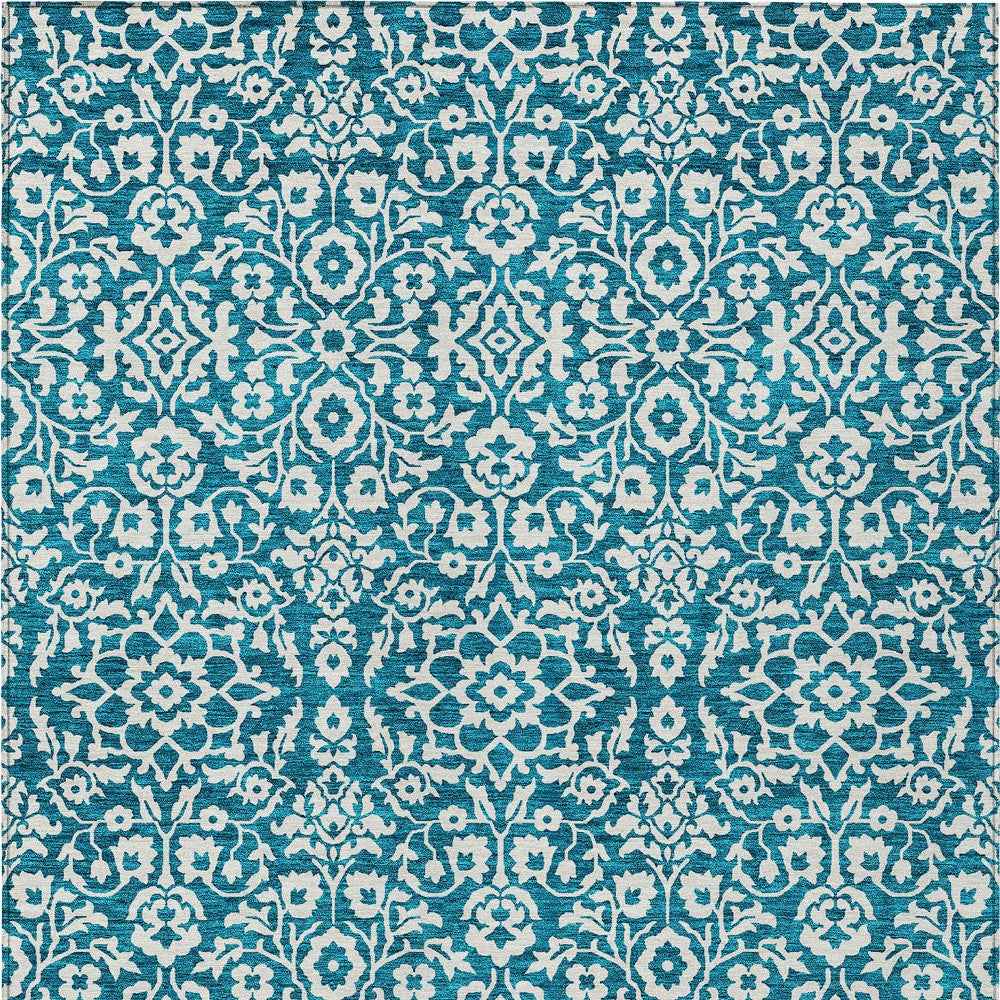 9' X 12' Teal Blue And Ivory Damask Washable Indoor Outdoor Area Rug