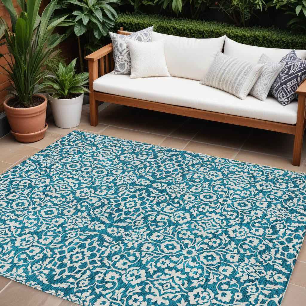9' X 12' Teal Blue And Ivory Damask Washable Indoor Outdoor Area Rug